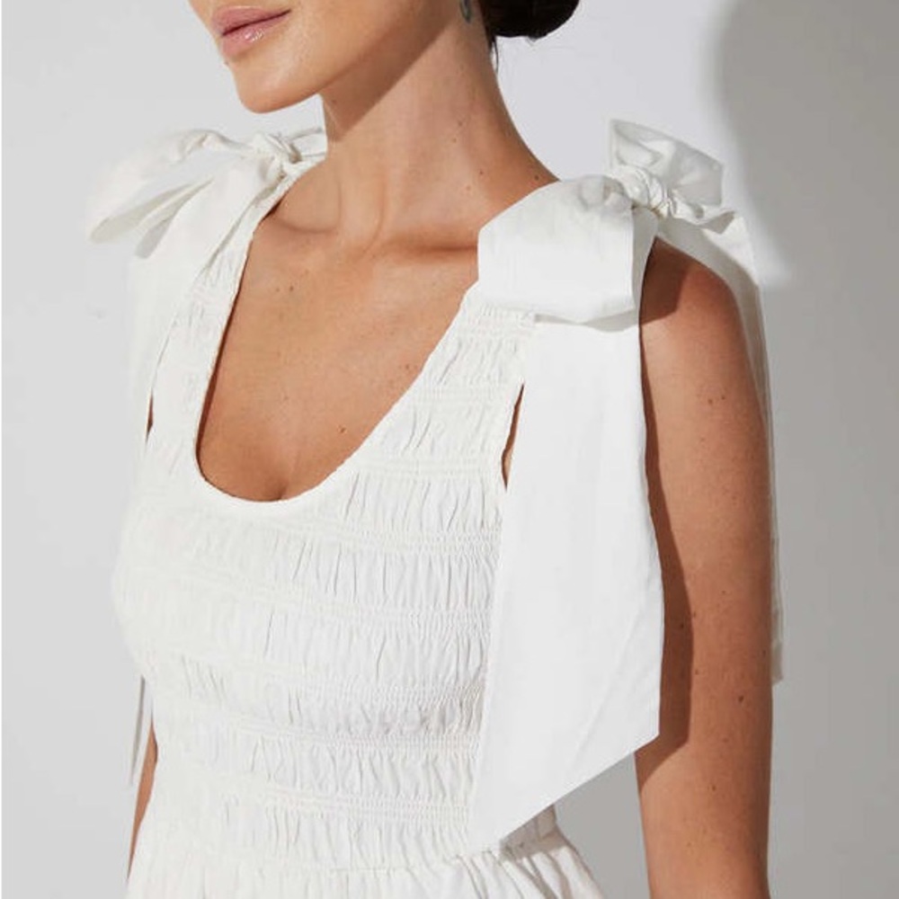 CLEOBELLA Kaiya Ruffle Tea Dress Smocked White Tiered Bow Coquette Cottagecore S - Picture 13 of 14